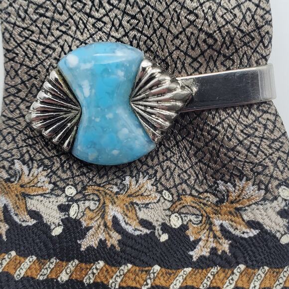 Deco Style Tie Clip Faux Turquoise Lucite Silver Tone Bar Retro Slide Western - Picture 1 of 7